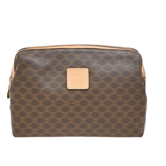 CELINE Logo Macadam Pattern Pouch Bag PVC Leather Brown GHW Italy - Picture 1 of 16